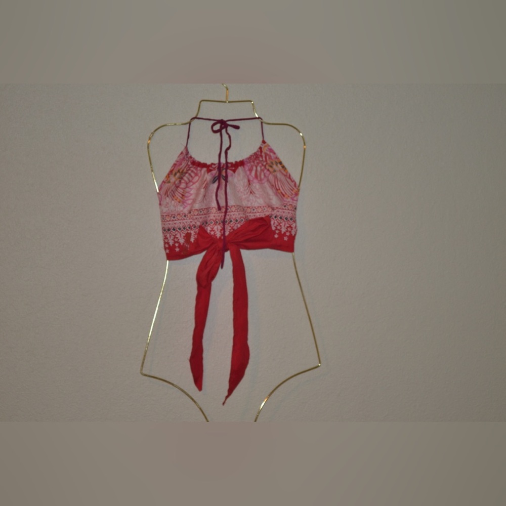 Guess Halter Open Back Tied Red Pattern Crop Top - image 2